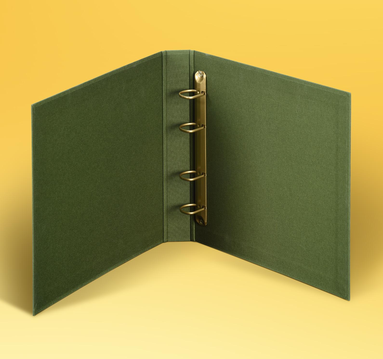 Cloth binder open showing powder coated rings
