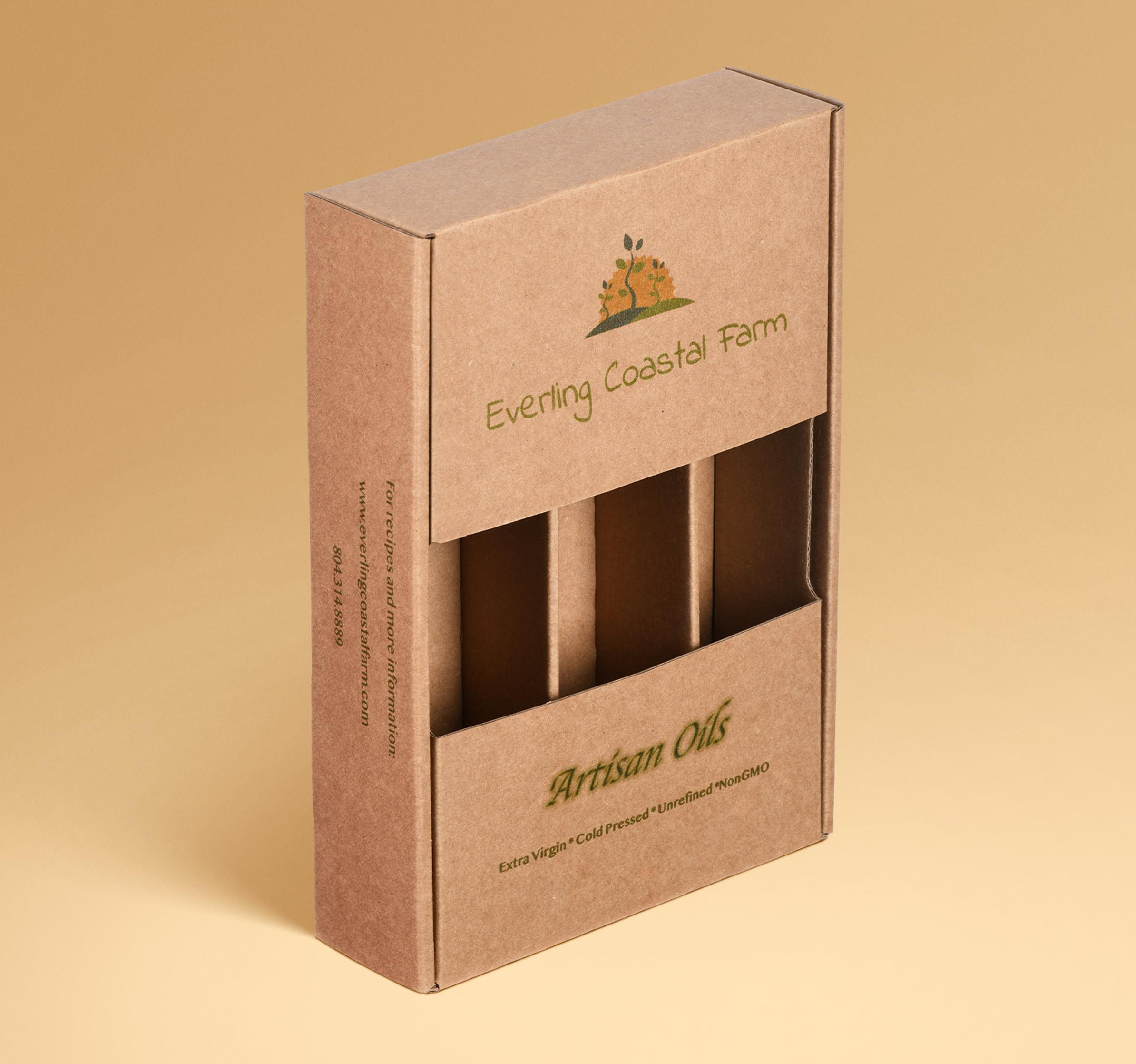 Kraft corrugated product packaging with die-cut window for artisan oils