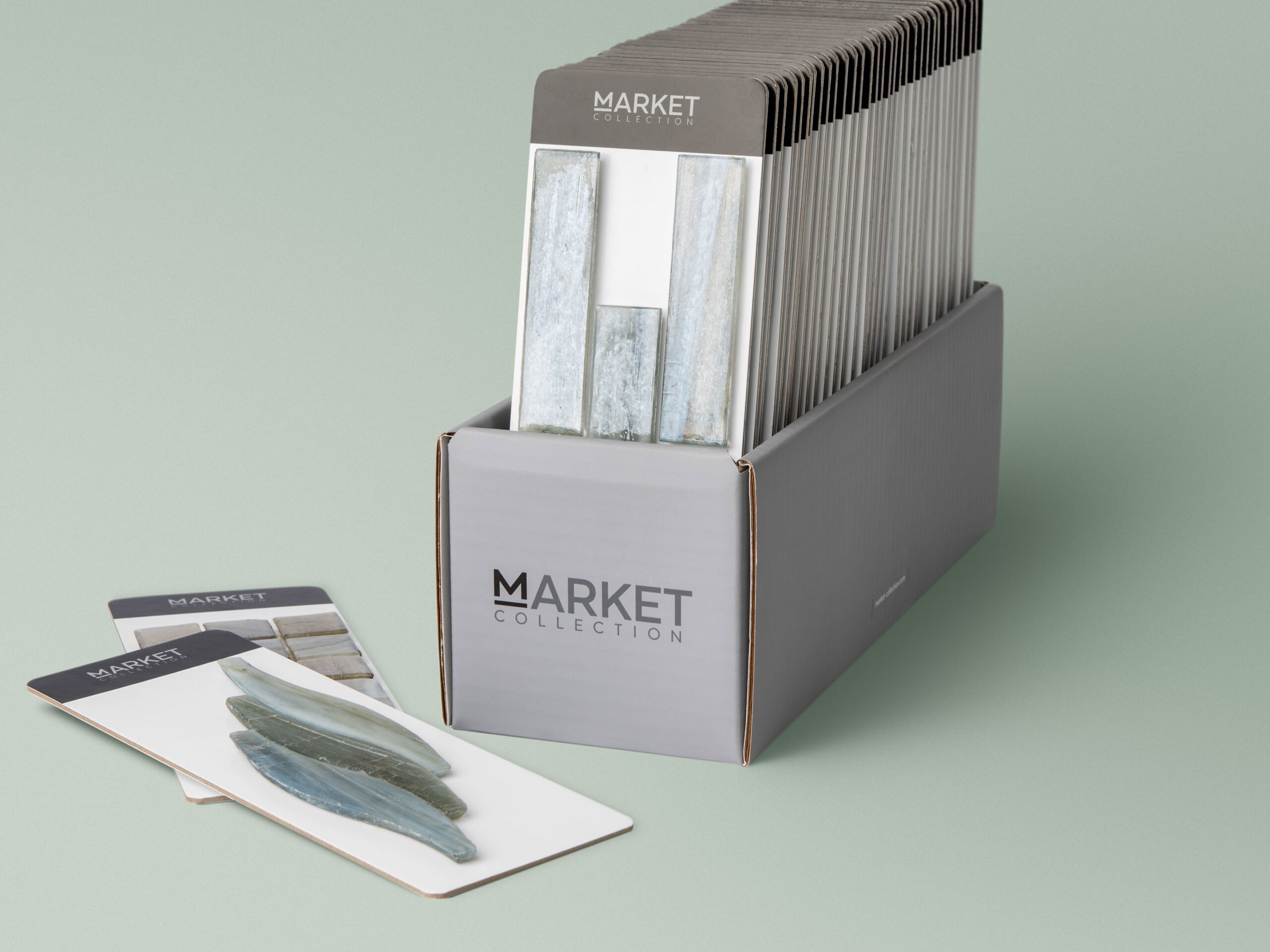 Sample boards inside corrugated display tray